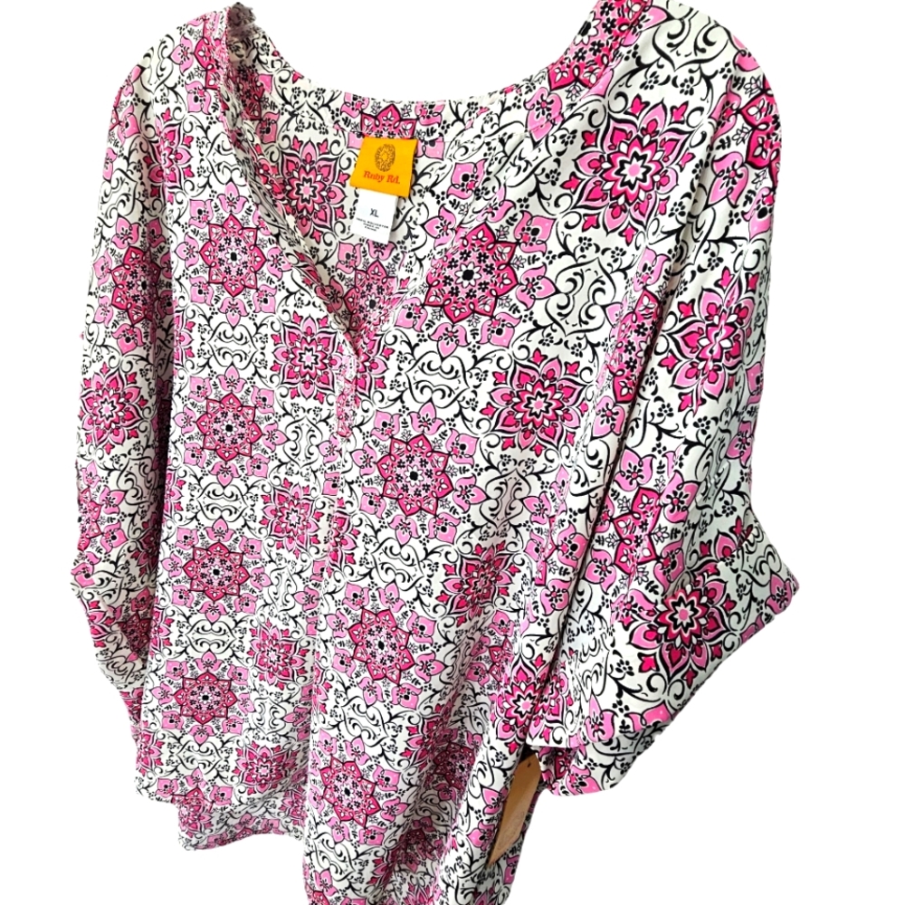 Ruby Red Oh Happy Day Azalmul Pink/White/Black Tile Mix Shortsleeve Top - Picture 9 of 14